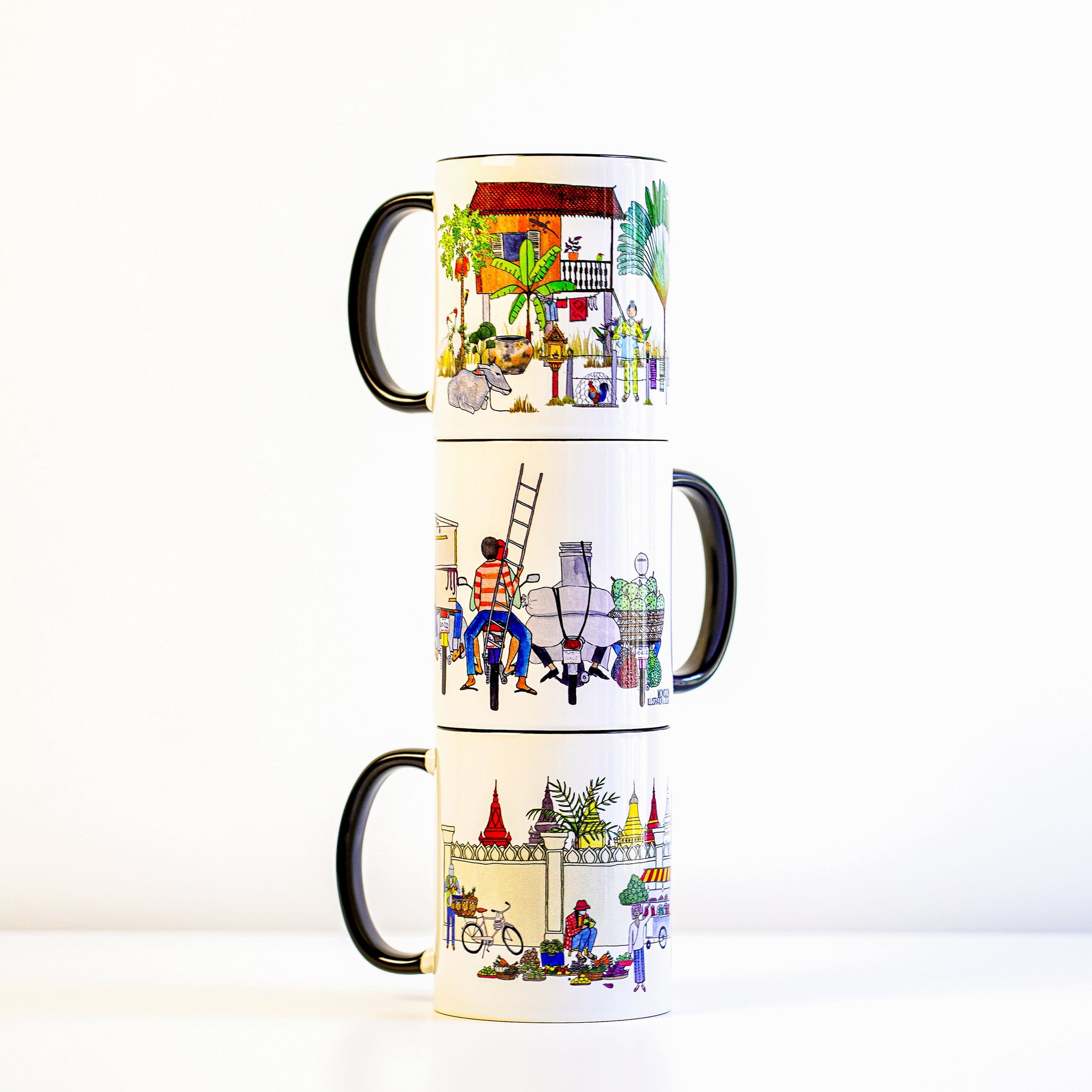 Drink your coffee or tea in style with our mugs. Each mug is designed with an eye-catching illustration that truly depicts everyday life of Cambodia. Its rainbow-colored theme will bring joy to your day.