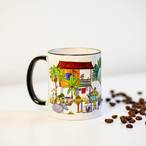 Beautifully crafted mug for your favorite beverage. This mug is stylized with a spectacular illustration that pays homage to the Cambodian countryside. Its radiant rainbow colors are sure to brighten your day. An ideal present for any occasion.