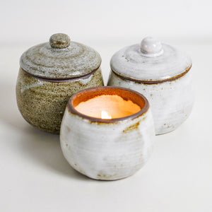 Experience a sense of calmness and clarity with our natural soy wax ceramic candles in three distinct scents: cinnamon, lemongrass & lime, and English pear & Freesia. Every ceramic vessel is one-of-a-kind, detailed with varying shades of glaze to make each piece even more special.