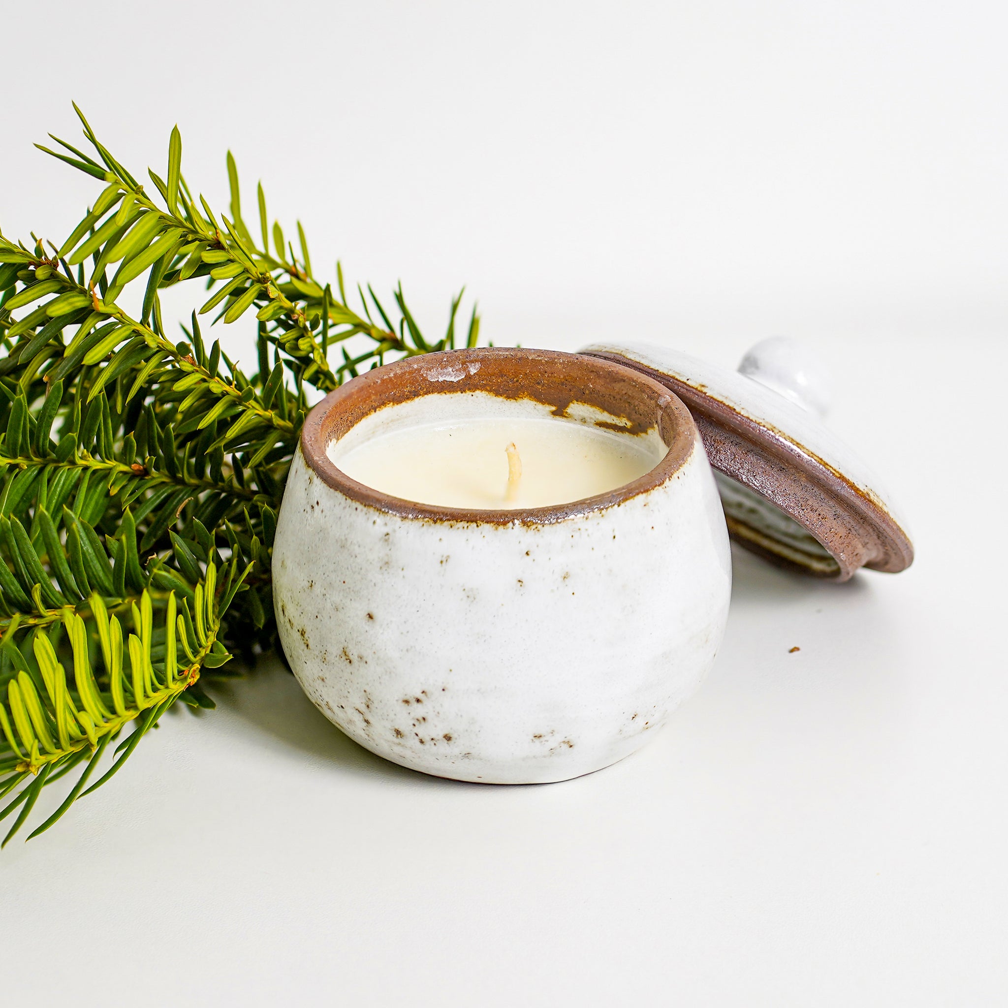 Experience a sense of calmness and clarity with our natural soy wax ceramic candles in three distinct scents: cinnamon, lemongrass & lime, and English pear & Freesia. Every ceramic vessel is one-of-a-kind, detailed with varying shades of glaze to make each piece even more special.