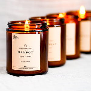 Bring charm and laid back vibe of Kampot into your space. This natural, vegan soy wax candle features floral and citrus scents of sweet jasmine blooms, nutty coconut with a hint of fresh lime. 