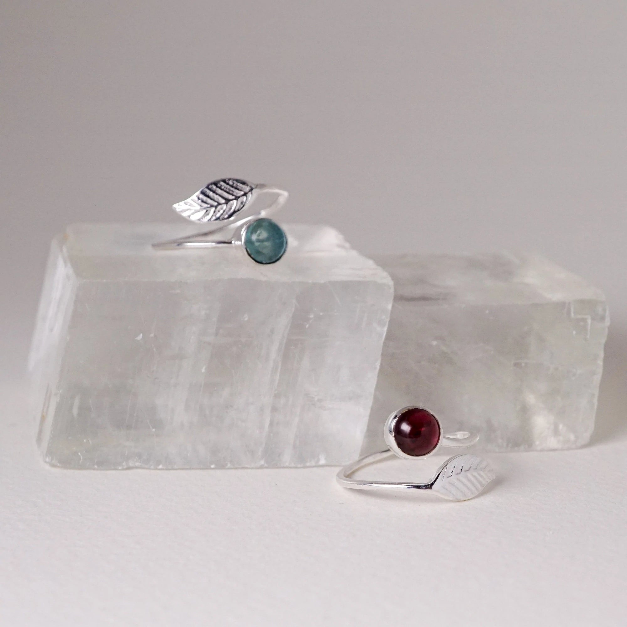 Garden of Desire - Leaf and Stone Ring Handcrafted Apatite and Garnet with Sterling Silver 92.5, this ring wraps around your finger very gently and lightly, like a feather. Perfect for everyday to impress.
